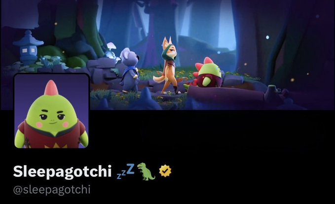 A promotional graphic for 'Sleepagotchi' (@sleepagotchi) showing a pixel-art green character in a red outfit alongside a 3D animated forest scene with three similar characters.