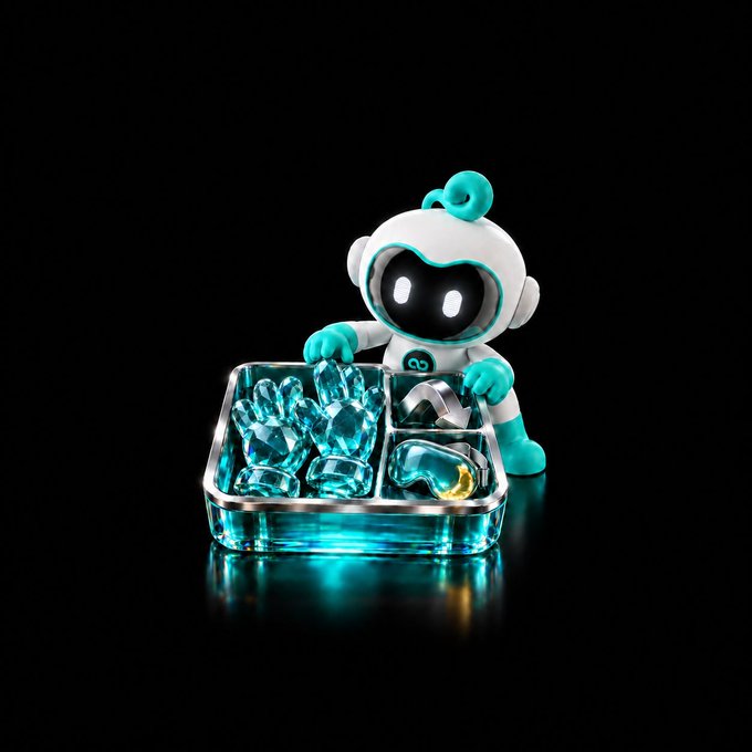 A 3D-rendered teal and white robot figurine interacting with a clear tray of blue crystals/gems against a black background.