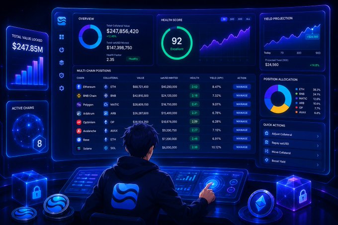 The image depicts a man sitting at a desk working with multiple cubes surrounding him while using a computer monitor displaying a program or dashboard. The monitor shows a screenshot of the satUSD Multi Asset Collateral Dashboard, which provides information about the various chains in the portfolio and their performance. 

In addition to the dashboard screen, there is an animation on the left side of the image showcasing a man's hand holding a cube as he interacts with it within the digital environment. This scene emphasizes the importance of real-time tracking and management of multiple collateral positions across different chains in modern investment practices. The overall visual representation gives the impression that this information can be accessed quickly and efficiently, providing valuable insights for both individual investors and financial institutions.