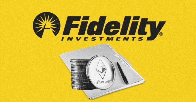 The Fidelity Investments logo sits above a stack of Ethereum coins resting on a notebook against a yellow background, illustrating the company's filing to add staking to its spot Ethereum ETF with up to 100% of its $880M in ETH potentially staked.
