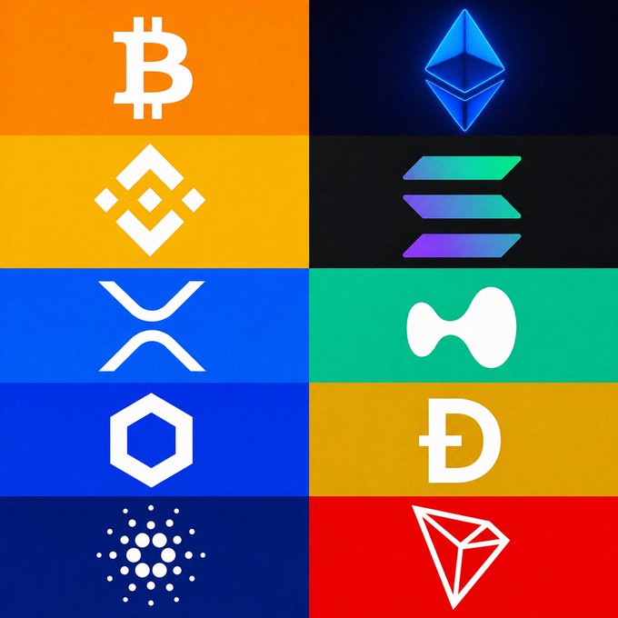 A grid displaying logos of major cryptocurrencies—including Bitcoin (B), Ethereum (BCC), Binance, Solana, XRP (X), Chainlink, Dogecoin (Ð), Cardano, and TRON—visually representing the contenders competing to reach new all-time highs first.