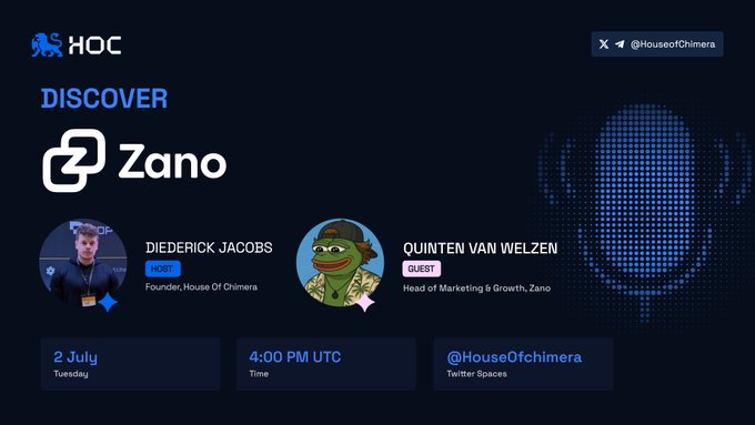 Promotional graphic for a House of Chimera (HOC) Twitter Spaces event titled 'DISCOVER Zano' featuring hosts Diederick Jacobs and guest Quinten Van Welzen, scheduled for 2 July at 4:00 PM UTC.