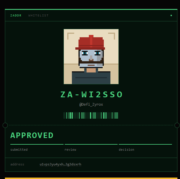 A digital certificate titled 'ZADDR WHITELIST' displays a pixelated avatar of a character wearing a red cap, with the username 'ZA-WI2SSO' and handle '@Defi_Zyrox' visible above an 'APPROVED' status and a Sui address.