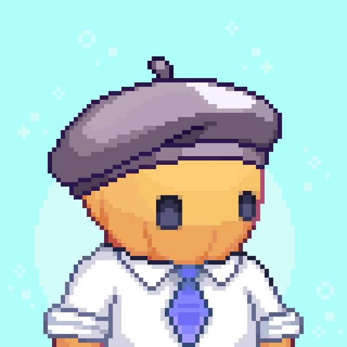 A pixel art character with tan skin, a gray beret, white shirt, and blue tie against a light blue background.
