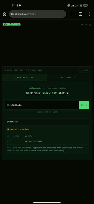 A mobile screenshot of 'zksnarks.net/status' showing a snarklist status check for user 'inami614' with the status 'under review' and 'PASS: not yet assigned'.