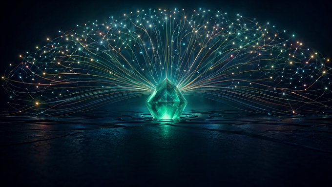A glowing green crystal emits radiant streams of light and sparkles across a dark reflective surface, symbolizing energy, possibility, and emergence. The image visually echoes the post's theme of a long-term Kaspa (KAS) holder sharing personal conviction from the vantage point of their investment in the project's technology.