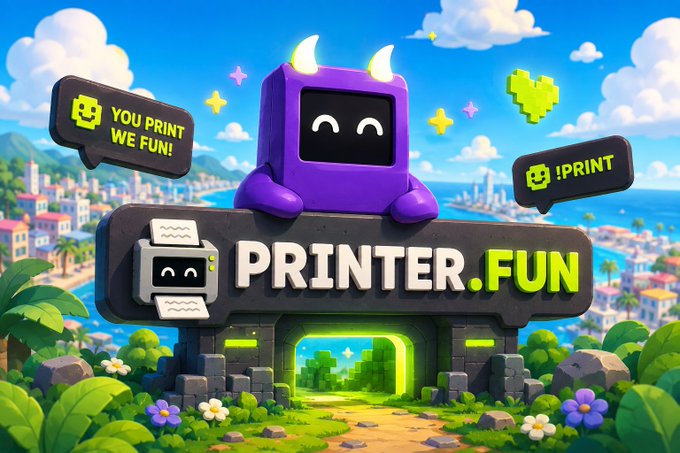 A vibrant 3D cartoon scene features a cute purple devil-horned character holding signs reading "YOU PRINT WE FUN!" and "!PRINT" above a large "PRINTER.FUN" banner, set against a colorful cityscape backdrop—visually capturing the meme-style hype of "printing hard" referenced in the post about the JDOG ecosystem and BTC ordinals NFTs.