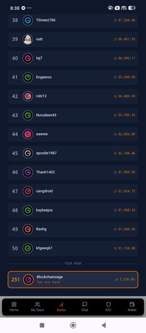 A mobile screenshot of the "Ranks" tab on Minegrey.com shows users ranked from #38 to #50 on a leaderboard, with notable amounts like "37,264.46" next to TTimew786, followed by a "YOUR RANK" section highlighting the user "Blockchainsage" at #251 with only "7,216.00." This illustrates the poster's frustration at being ranked near the bottom despite being a newcomer, while others already hold significantly higher earnings.