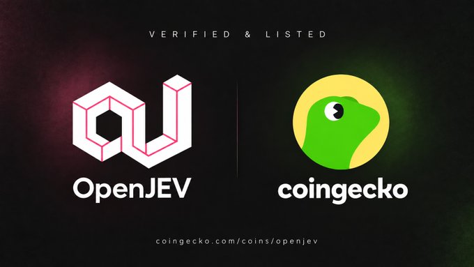 Promotional graphic showing OpenJEV verified and listed on CoinGecko, featuring both logos and the URL coingecko.com/coins/openjev.