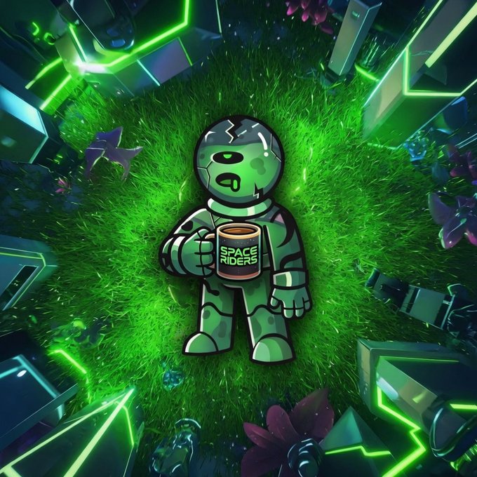 A green-tinted astronaut sticker holds a mug labeled 'SPACE RIDERS' against a neon-lit grassy background with geometric shapes.