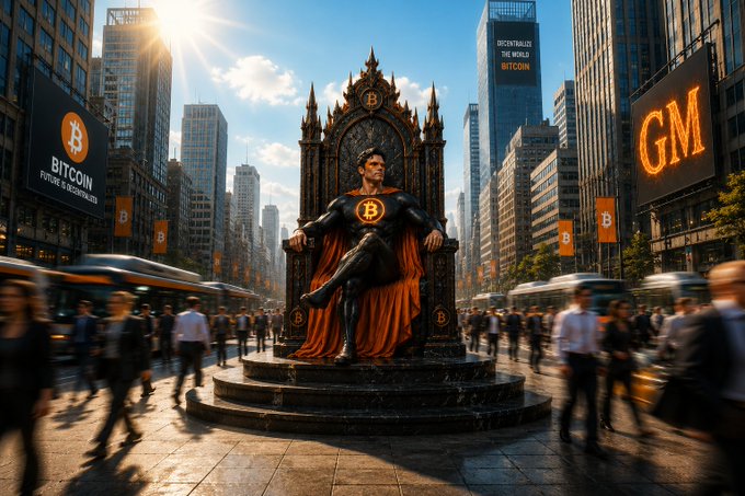 An AI-generated image depicting a superhero figure wearing a Bitcoin logo sitting on a throne in a busy city center, flanked by large billboards reading 'BITCOIN' and 'GM', with crowds of people walking around.