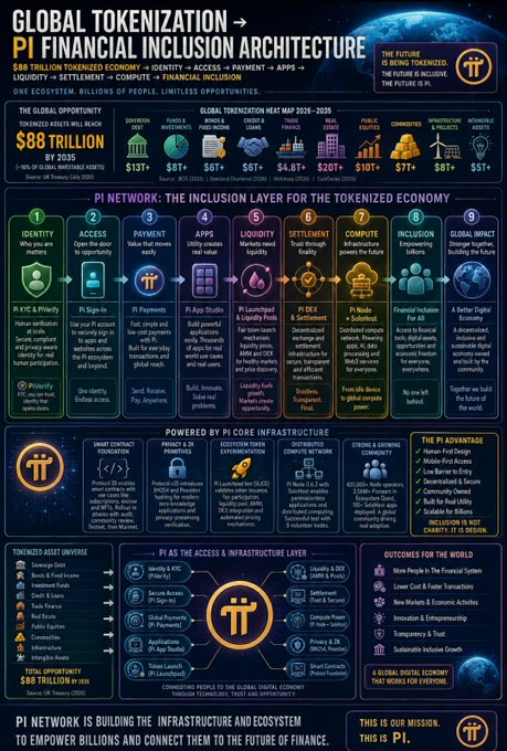 A detailed infographic titled "Global Tokenization → Pi Financial Inclusion Architecture" outlines how Pi Network aims to drive a $88 trillion tokenized economy by 2035, with 1.4% of global investment assets already represented. The chart details the Pi Network's 9-layer inclusion architecture (Identity, Access, Payment, Apps, Liquidity, Settlement, Compute, Inclusion, Global Impact) and maps tokenized assets, market sizes (e.g., $68B in smart contracts, $5B in DeFi), and infrastructure pillars, aligning with the post's emphasis on tokenization requiring identity, access, payment, and applications beyond blockchain.