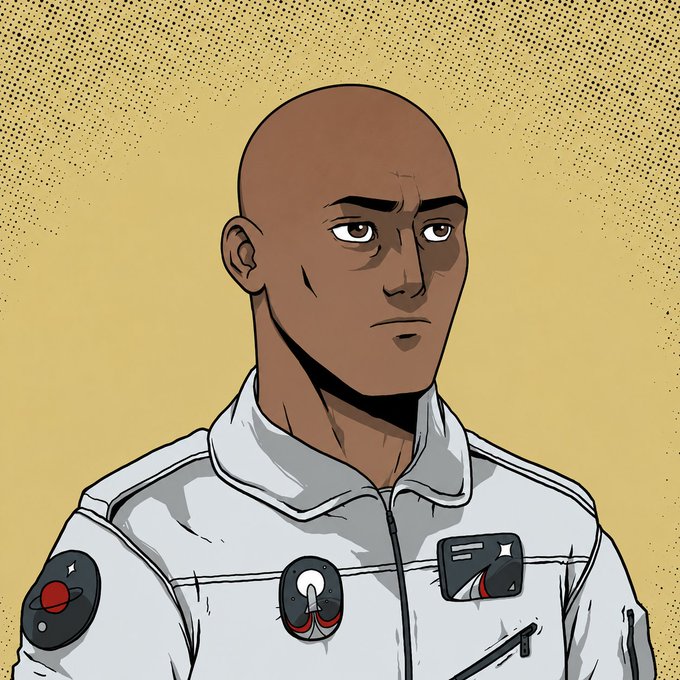 An illustrated portrait of a bald man in a white spacesuit with space-themed mission patches, set against a halftone-textured yellow background.