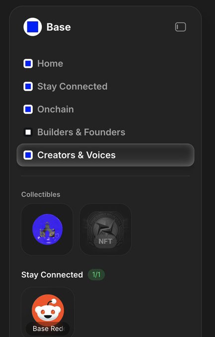 The image shows a phone screen with an app icon that says "Base" at the top of the screen. The app appears to be related to Base, as indicated by its name. Below the app icon, there are several options for users to explore, including "Creators & Voices", "Guilds", and "Airdrop!". The text on the screen suggests that the app is designed to help users connect with others who share their interests or roles in a particular community.
