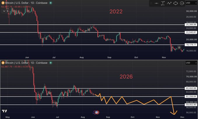 A side-by-side comparison of Bitcoin/USD daily charts showing 2022 and 2026 price action, with the 2026 chart featuring a yellow arrow predicting a sideways trend through November followed by a crash to $56,000, mirroring the 2022 pattern. Key levels visible include $62,987 current price, resistance zones at $65,450 and $62,256, and support at $59,062.