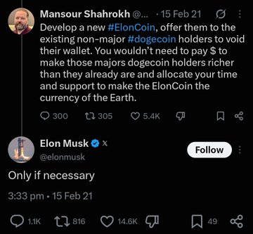 A Twitter exchange where Mansour Shahrokh suggests creating an '#ElonCoin' for non-major '#dogecoin' holders, and Elon Musk replies 'Only if necessary'.