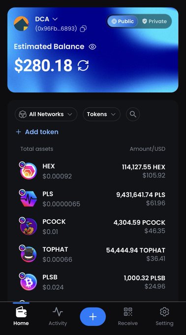 A crypto wallet interface showing a DCA account with an estimated balance of $280.18, displaying tokens including HEX (114,127.55 HEX, $105.92), PLS (9,431,641.74 PLS, $61.96), PCOCK (4,304.59 PCOCK, $46.35), TOPHAT (54,444.94 TOPHAT, $36.41), and PLSB (1,000.32 PLSB, $24.96).