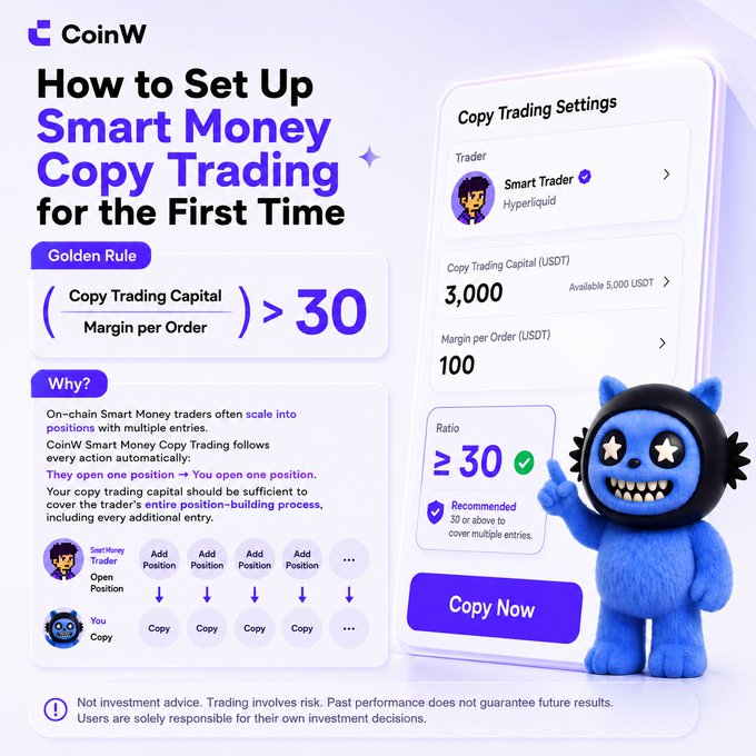A CoinW infographic titled 'How to Set Up Smart Money Copy Trading for the First Time,' explaining a golden rule that Copy Trading Capital divided by Margin per Order must be greater than 30.