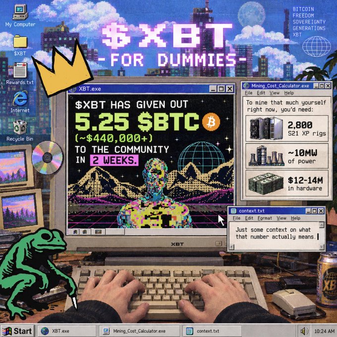 A retro vaporwave-styled promotional graphic titled '$XBT FOR DUMMIES' depicting a desktop computer screen showing that '$XBT HAS GIVEN OUT 5.25 $BTC (~$440,000+) TO THE COMMUNITY IN 2 WEEKS', alongside a mining cost calculator window.
