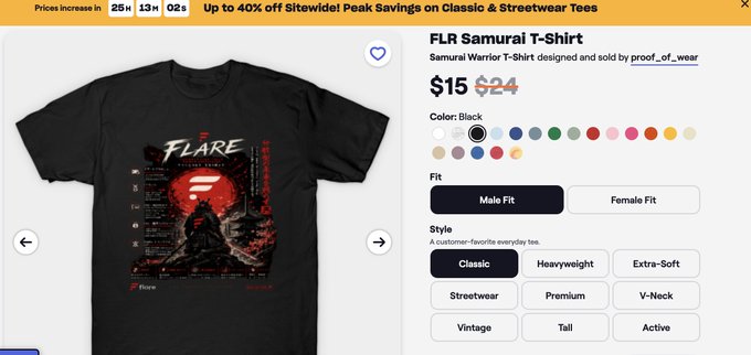 The image features a computer screen displaying a product page from an online store, specifically showcasing a black t-shirt with a graphic of a character named Samurai. The price of the t-shirt is listed as $15.64. The store offers a 40% discount on this particular item for customers who purchase it through their website. A note can also be found in the bottom right corner of the image, providing additional information about the product or a special deal.