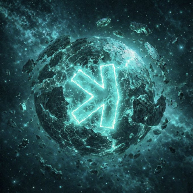The image features a green neon-lit symbol, which appears to be a letter "K" or an arrow pointing downwards, surrounded by numerous small rocks scattered throughout the scene. The background of the image is filled with stars, giving it a celestial feel. The caption at the bottom of the image reads "Bitcoin: 1 block every 600 seconds Litecoin: 1 block every 180 seconds Ethereum: 1 block every 15 seconds Solana: 1 block every 3 seconds #Kaspa: 10 block every 1 second #KAS10BPS #Crypto #Altcoins".