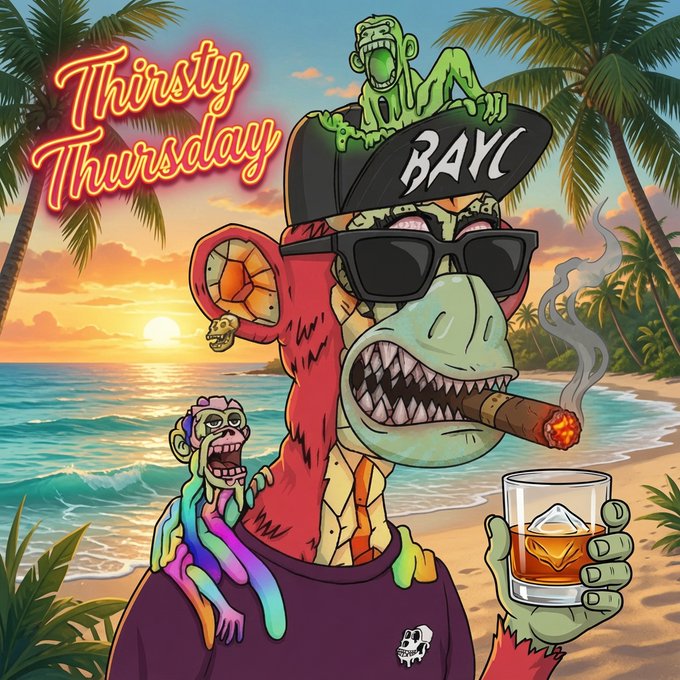 A cartoon illustration of a Bored Ape character wearing sunglasses, smoking a cigar, and holding a drink, with text reading 'Thirsty Thursday' and 'BAYC'.