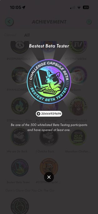 A mobile screenshot of an achievement badge titled 'Bestest Beta Tester' featuring a wolf logo, with a wallet address (20444939694) and text stating 'Be one of the 500 whitelisted Beta Testing participants and have opened at least one.'