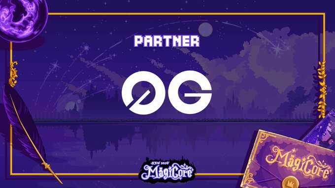 A promotional graphic with a purple fantasy-themed background featuring the text 'PARTNER' above the 'OG' logo, and 'MagiCore' branding at the bottom alongside a magical book and quill.