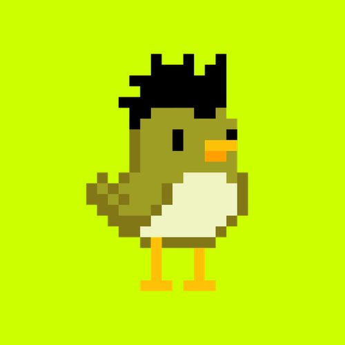 A pixel art illustration of a small bird with brown and white feathers, an orange beak, and dark spiky hair-like crest on its head, set against a bright yellow-green background.