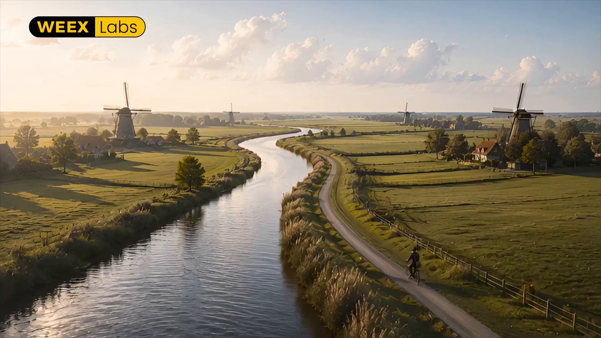 The image features an aerial view of a canal with two windmills situated along its banks. A person can be seen riding their bike near one of the windmills, adding a sense of movement to the scene. The backdrop includes a grassy field and trees, creating a picturesque setting for this unique combination of old-world charm and modern technology.