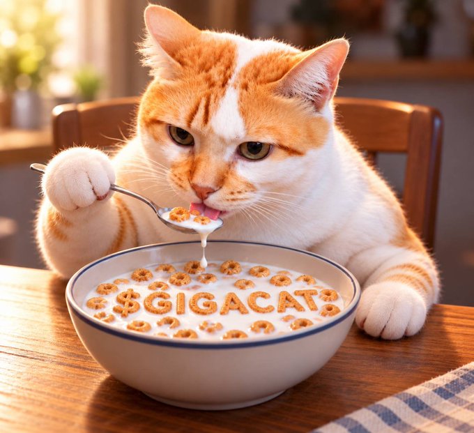 An orange and white cat licks milk from a spoon over a bowl of cereal where the letters 'GIGA' are spelled out, with 'CAT' visible on the spoon.