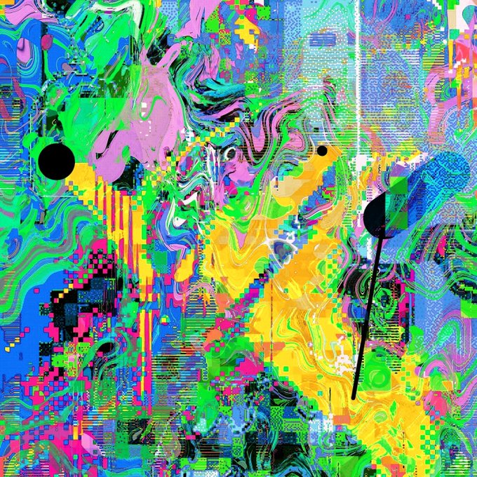 An abstract digital artwork featuring chaotic, glitch-like patterns with vibrant neon colors, distorted faces, and pixelated shapes.