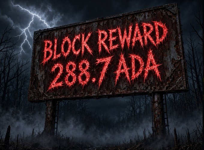 A spooky billboard in a foggy, lightning-filled landscape displays 'BLOCK REWARD 288.7 ADA' in glowing red text, referencing the Cardano cryptocurrency.