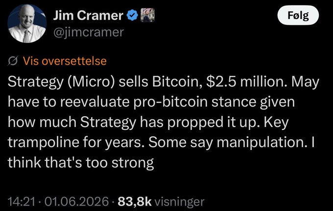 The image shows a black background with white text that reads "BREAKING: Send it". This message seems to be related to the Twitter account of Jim Cramer, as indicated by his name tag. The post appears to be a response or reaction to something happening in the world of cryptocurrency and Bitcoin.