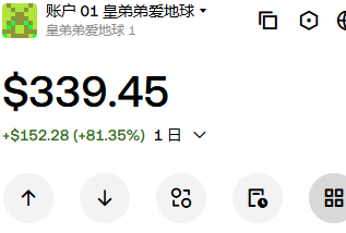 Mobile wallet screenshot showing account '皇弟弟爱地球 1' with a balance of $339.45, up +$152.28 (+81.35%) in 1 day.