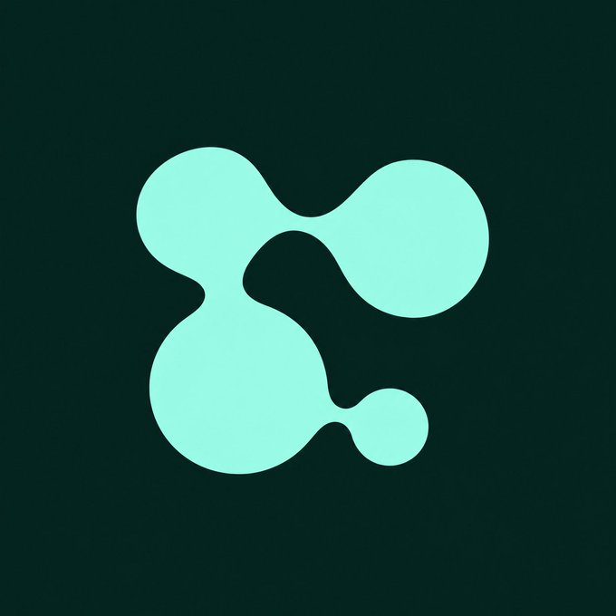 A minimalist logo featuring an abstract teal/green shape resembling a connected molecular or liquid design centered on a dark forest green background.
