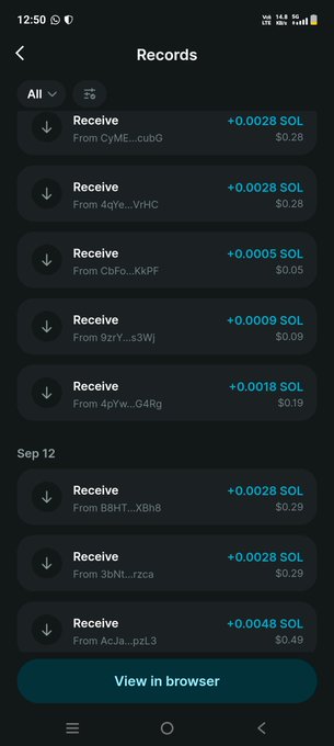 A mobile phone screenshot of a crypto wallet "Records" page shows multiple "Receive" transactions in SOL with amounts ranging from $0.05 to $0.49, with a "View in browser" button at the bottom.