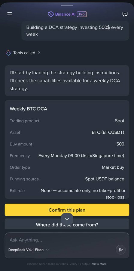 A screenshot of Binance AI Pro generating a “Strategy Canvas” for a weekly Bitcoin spot DCA plan. The proposed strategy buys 500 units of BTC (BTCUSDT) every Monday at 09:00 Asia/Singapore time as a market buy using the Spot USDT balance, with no take-profit or stop-loss exit rule.