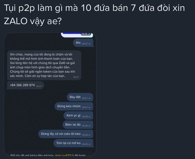 A Vietnamese social media post titled 'Tụi p2p làm gì mà 10 đứa bán 7 đứa đòi xin ZALO vậy ae?' displays a Zalo chat conversation warning about P2P scams, including a suspicious phone number +84 366 289 974.