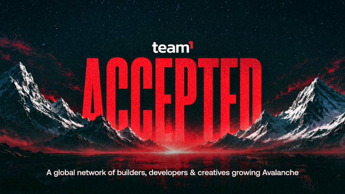 A promotional graphic featuring bold red "ACCEPTED" text over a dramatic mountain landscape under a starry sky, with "team¹" branding above and the tagline "A global network of builders, developers & creatives growing Avalanche" below. The image celebrates the user's new membership in Team1's Avalanche ambassador network, visually announcing their acceptance into the global community of builders and creatives.