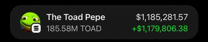 A screenshot shows a cryptocurrency portfolio entry for "The Toad Pepe" with ticker $TOAD, displaying a current value of $1,185,281.57 on 185.58M TOAD holdings, with a notable unrealized gain of +$1,179,806.38 in green text. The accompanying post claims this profit was achieved after buying $TOAD when it had a $2k market cap, presented as a testimonial urging followers to join their Telegram channel.