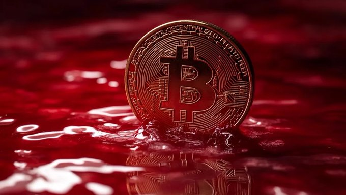 A close-up of a gold Bitcoin coin partially submerged in red liquid with a reflective surface below.