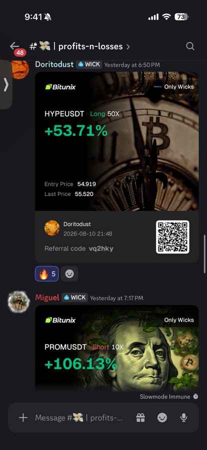Discord screenshot from the '#profits-n-losses' channel showing trading results: 'Doritodust' with HYPEUSDT Long 50X +53.71%, and 'Miguel' with PROMUSDT Short 10X +106.13%, with a referral code 'vq2hky'.
