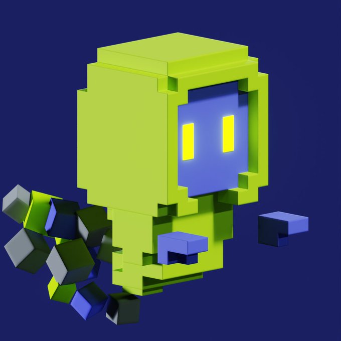A 3D voxel-style rendering of a green character with blue eyes against a dark blue background, appearing to be made of small cubes.
