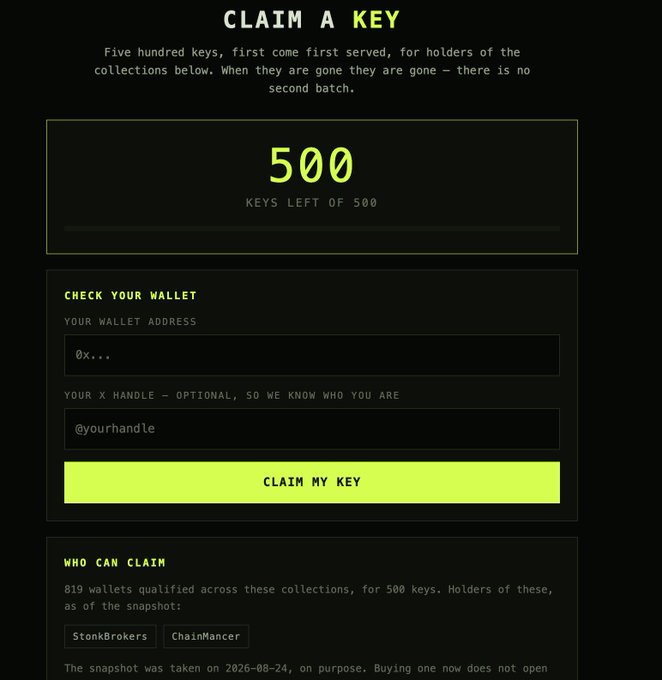 A 'CLAIM A KEY' webpage interface showing '500 KEYS LEFT OF 500', with fields for a wallet address and X handle, and a yellow 'CLAIM MY KEY' button.