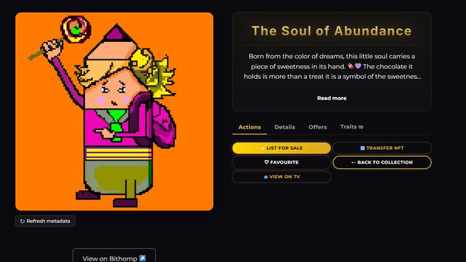 A digital NFT listing titled 'The Soul of Abundance' displaying a pixel art character holding a lollipop, with options to list for sale, transfer, or favorite.