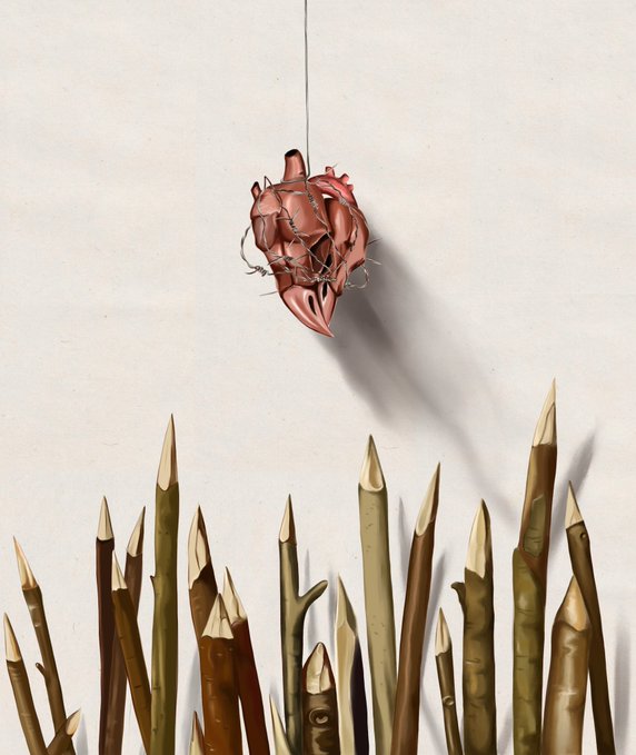 A surreal artwork depicting a realistic anatomical heart suspended by barbed wire above a cluster of sharpened pencil tips pointing upward.