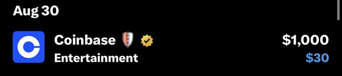 A dark screen displays 'Aug 30' and the Coinbase logo with 'Entertainment' showing earnings of '$1,000' and stock price '$30'.