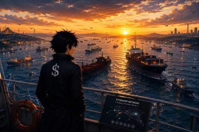 An anime-style illustration shows a dark-haired figure in a coat with a dollar sign on the back, overlooking a sunset harbor filled with cargo ships and a holographic display reading 'ETHRASHIP NETWORK'.