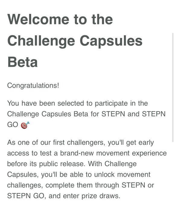 The image shows a phone screen displaying an invitation for someone to join Challenge Capsules beta, which are designed for testing new brands of exercise equipment such as treadmills and elliptical machines. The invitee is being offered early access to this test subject experience with the brand-new movement experience that comes from having their participation in the beta program completed. Participants will be able to try out these products before they become available to the general public, potentially helping them make an informed decision on whether to purchase the product or not.